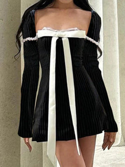 French Square Neck Bow Lace Up Pinstripe Mini Dress - AnotherChill