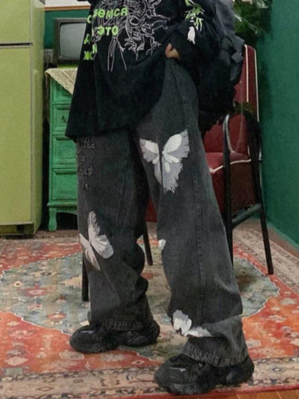 Butterfly Print Boyfriend Jeans - AnotherChill