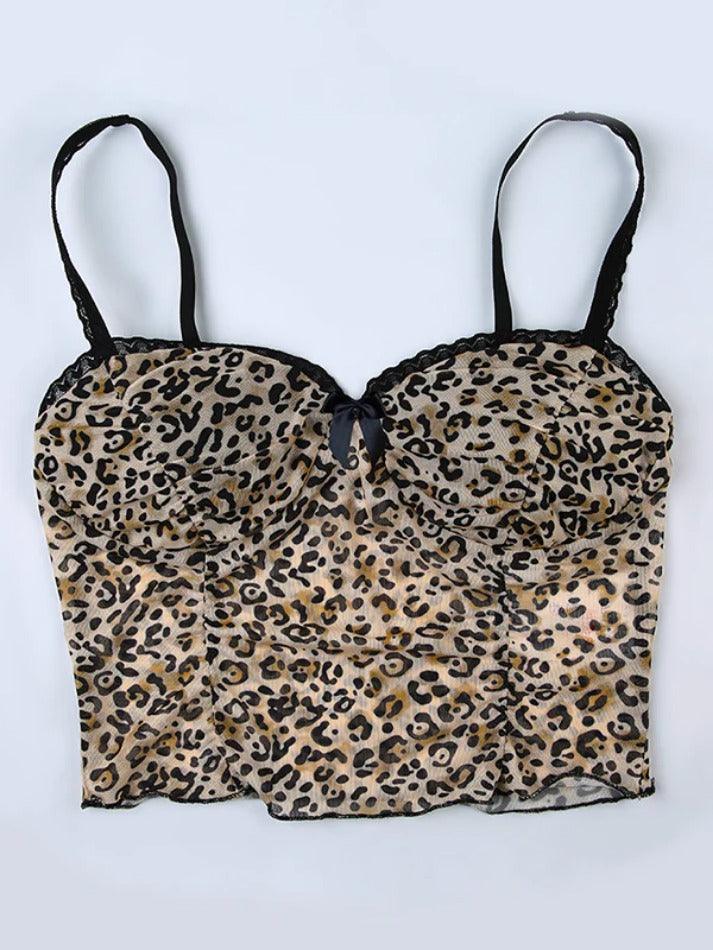Leopard Print Bow Lace Splice Cami Top - AnotherChill