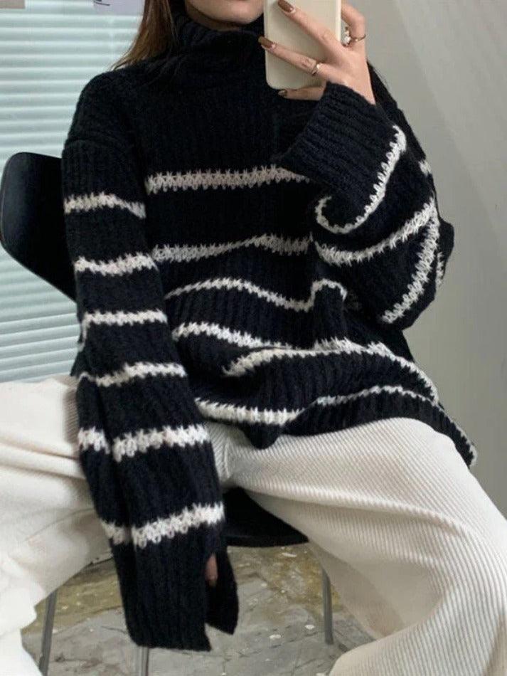 Turtleneck Striped Knit Sweater - AnotherChill