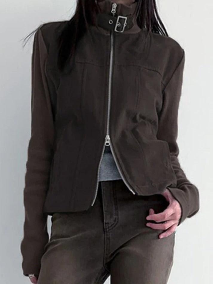 Street Metal Buckle High Neck Splice Cargo Jacket - AnotherChill