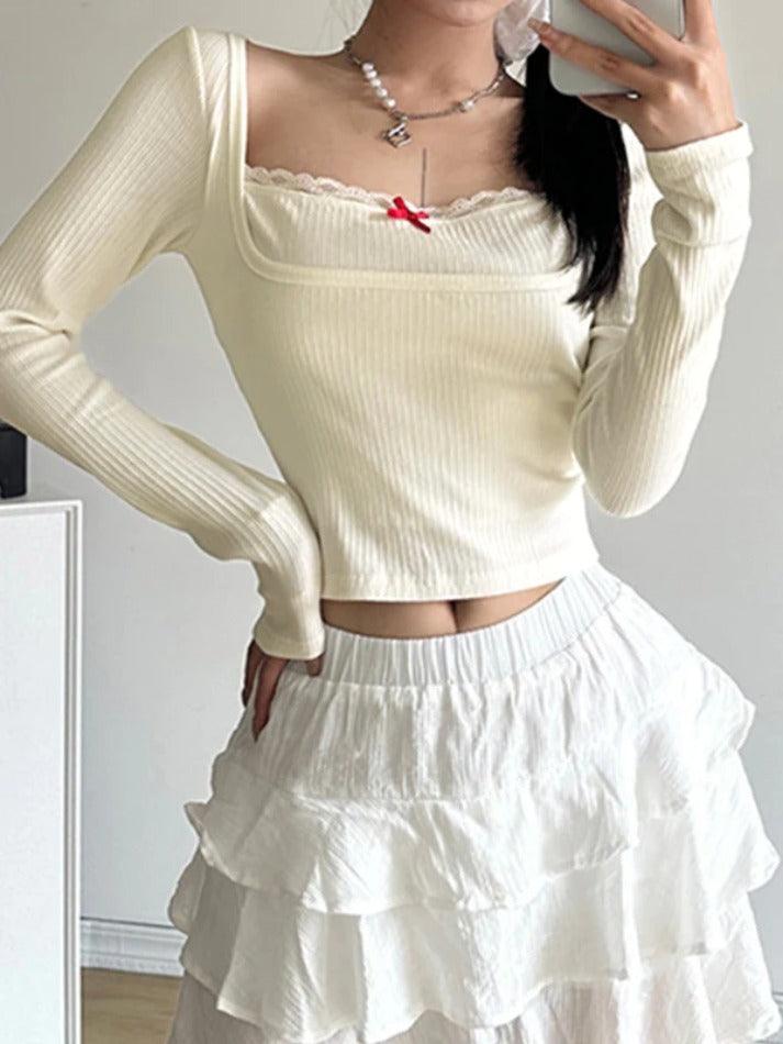 Lace Splice Square Neck Fake Two Piece Long Sleeve Knit - AnotherChill
