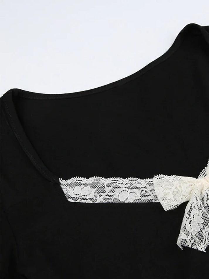 Lace Trim Bow Splice V Neck Long Sleeve Tee - AnotherChill