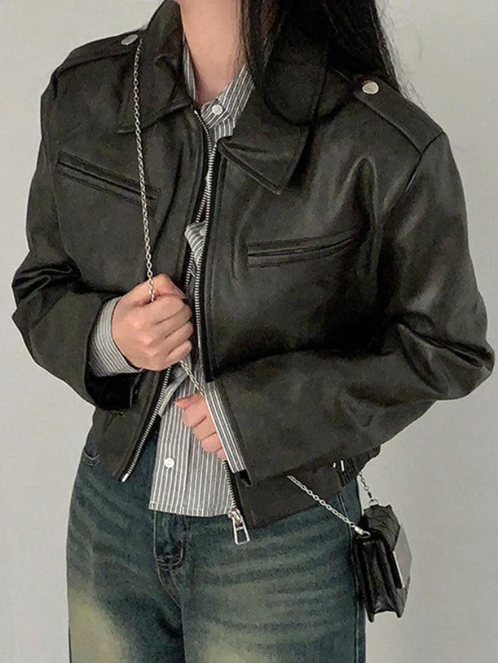 Zip Up Lapel Neck Leather Short Jacket - AnotherChill