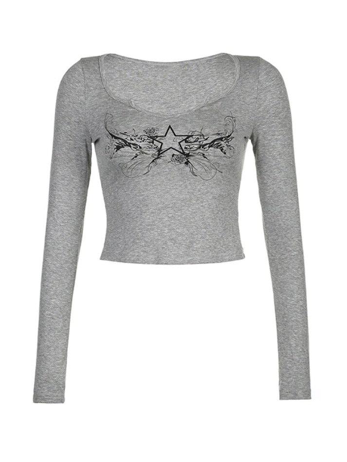 Vintage Star Print Low Cut Cropped Long Sleeve Tee - AnotherChill