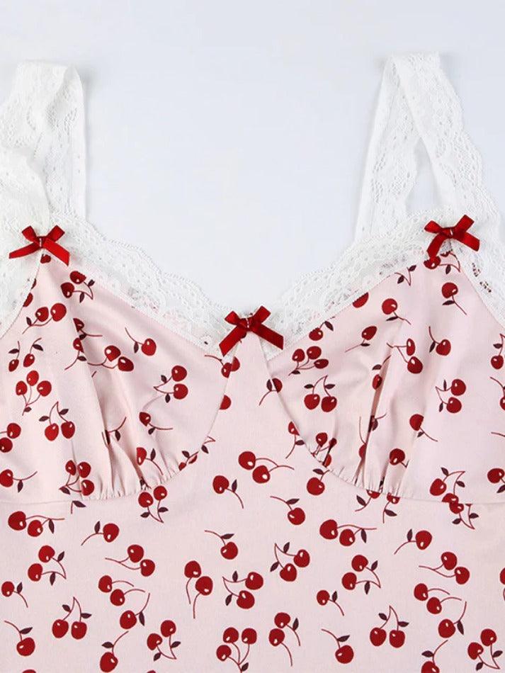 Cherry Print Lace Splice V Neck Mini Dress - AnotherChill