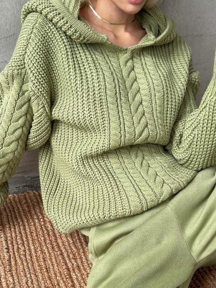 Solid Color Hooded Cable Knit Sweater - AnotherChill