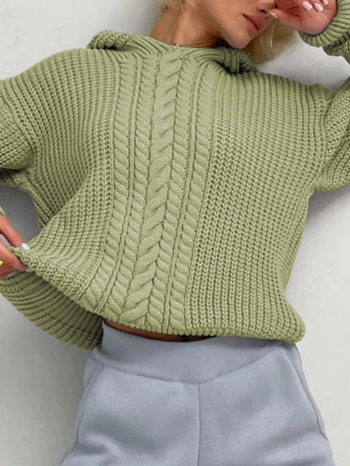 Solid Color Hooded Cable Knit Sweater - AnotherChill