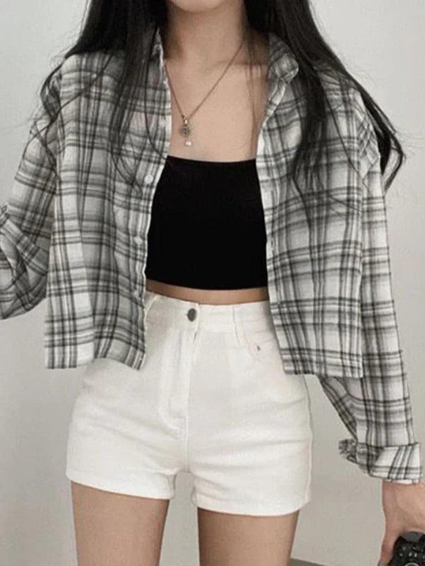 Vintage Plaid Short Loose Long Sleeve Blouse - AnotherChill