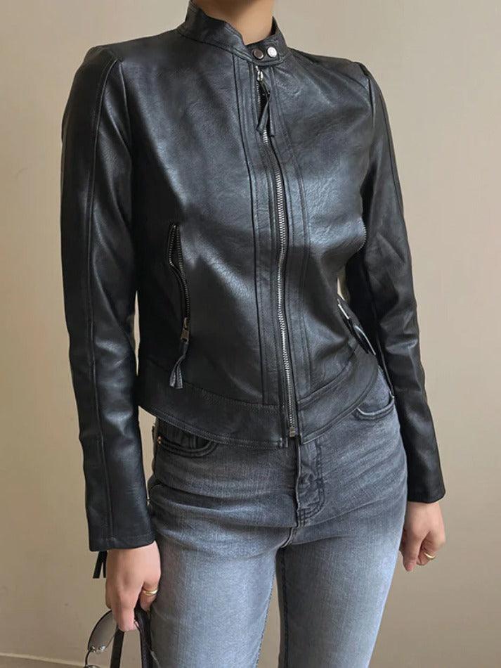 Collar Neck Zip Up Slim Moto Leather Jacket - AnotherChill