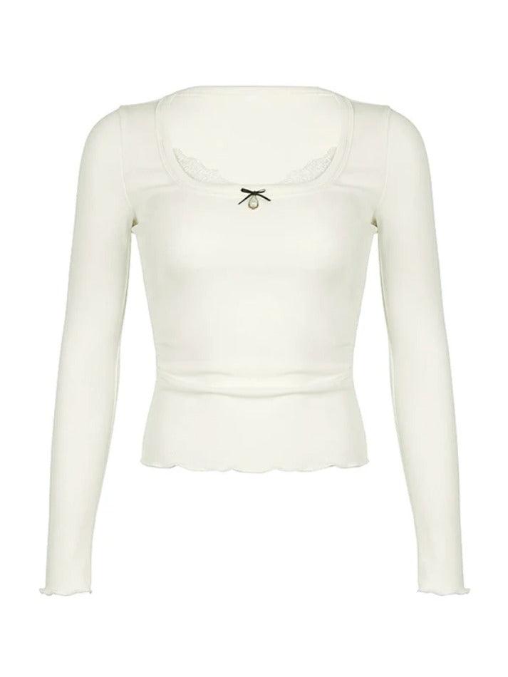 Lace Splice Bow Pearl Decor Square Neck Long Sleeve Knit - AnotherChill
