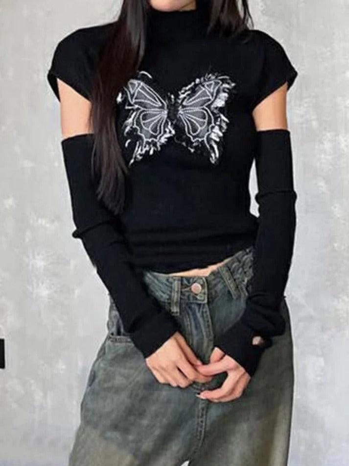Butterfly Patch Mock Neck With Cuff Long Sleeve Knit - AnotherChill