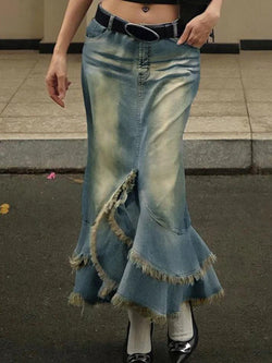 Low Waist Washed Petal Hem Midi Skirt - AnotherChill