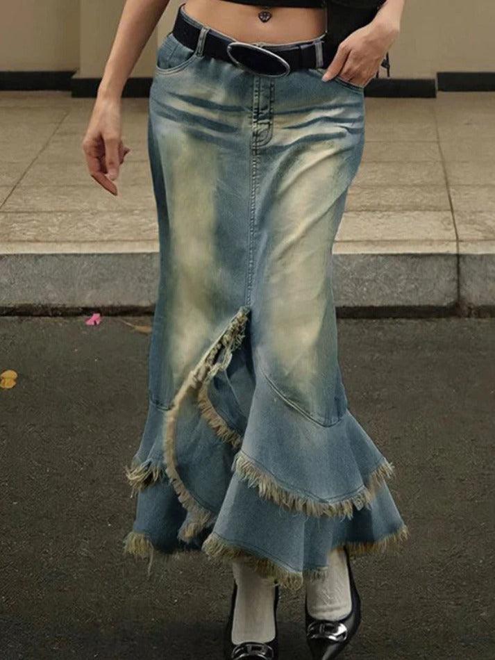 Low Waist Washed Petal Hem Midi Skirt - AnotherChill