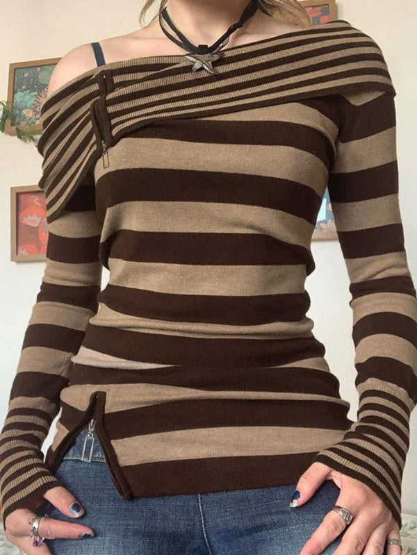 Contrast Color Striped Off Shoulder Zip Up Sweater - AnotherChill