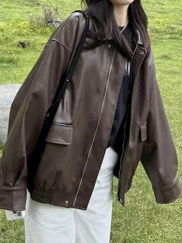 Vintage Brown Lapel Neck Zip Up Leather Jacket - AnotherChill