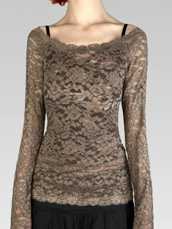 Off Shoulder Perspective Lace Long Sleeve Tee - AnotherChill