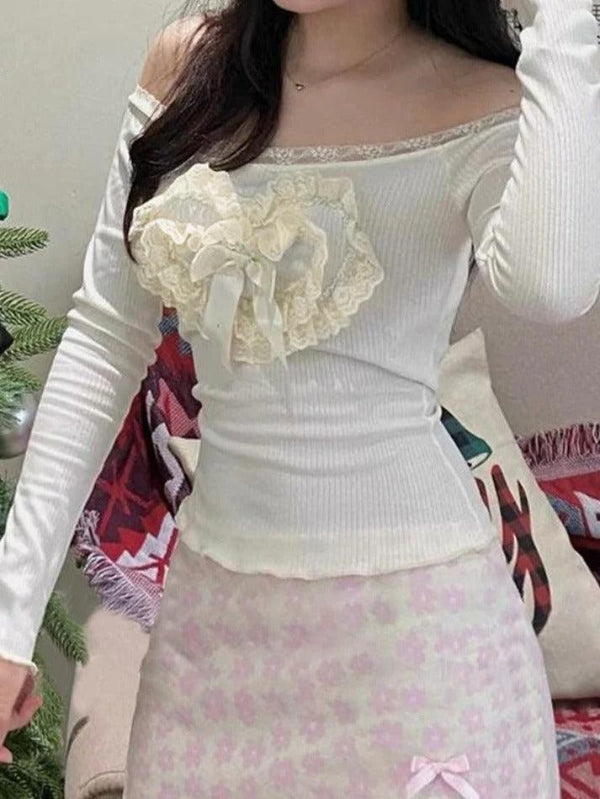 Lace stitching love bow Long Sleeve Knit - AnotherChill