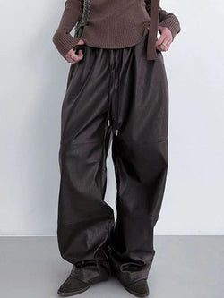 High Rise Drawstring Loose Leather Pants - AnotherChill