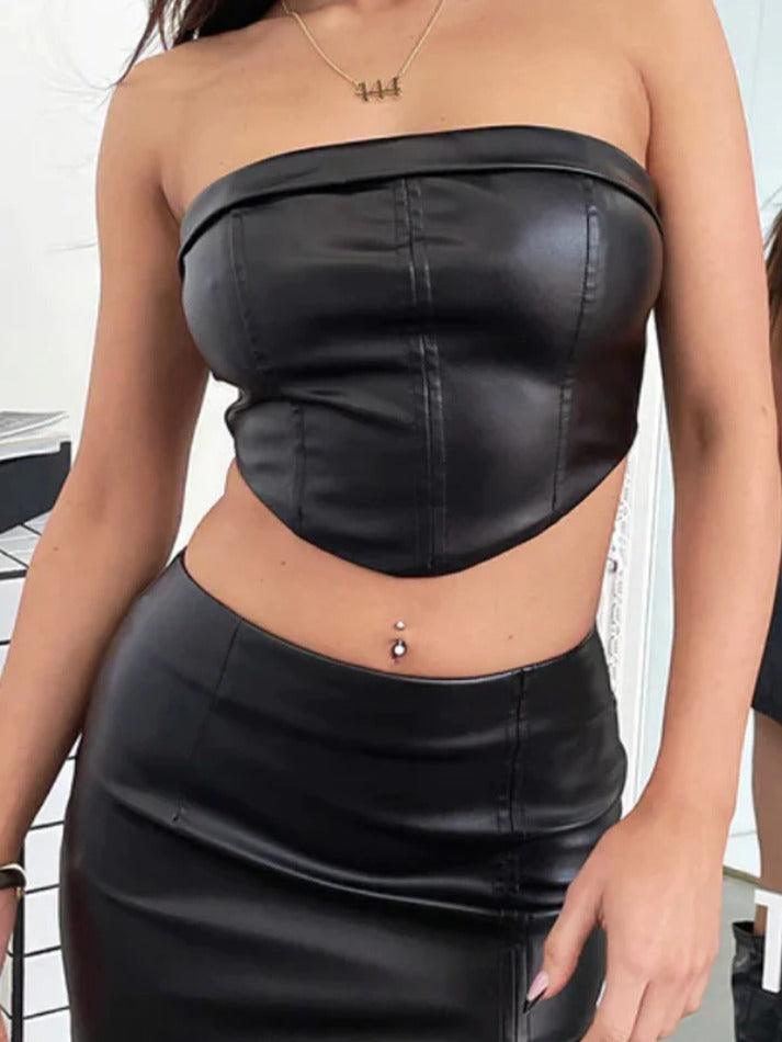 Solid Color Curvy Hem Bandeau Slit Leather Two Piece - AnotherChill