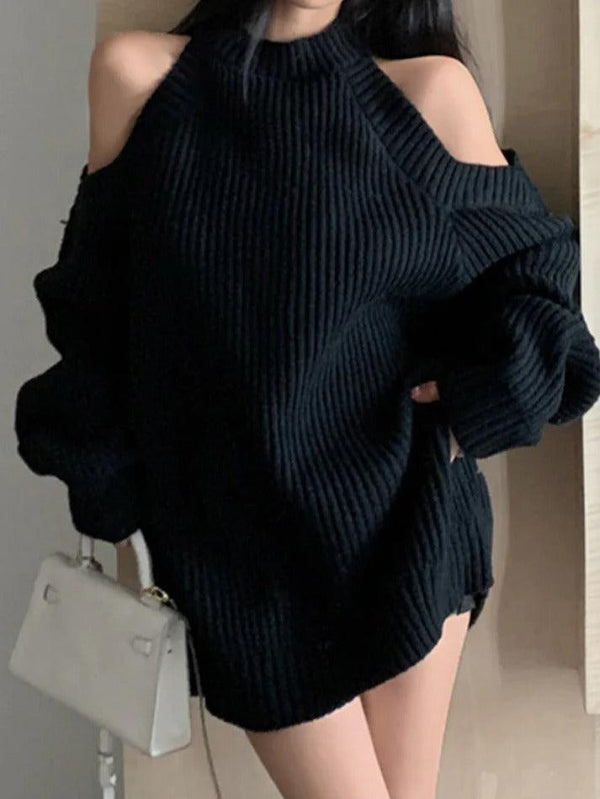 Solid Cold Shoulder Loose Ribbed Sweater - AnotherChill