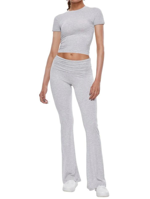 Short Sleeve Cropped Top Fold-over Flare Pants Set - AnotherChill