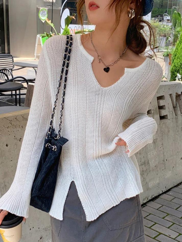 Solid V Neck Slit Thin Long Sleeve Knit - AnotherChill