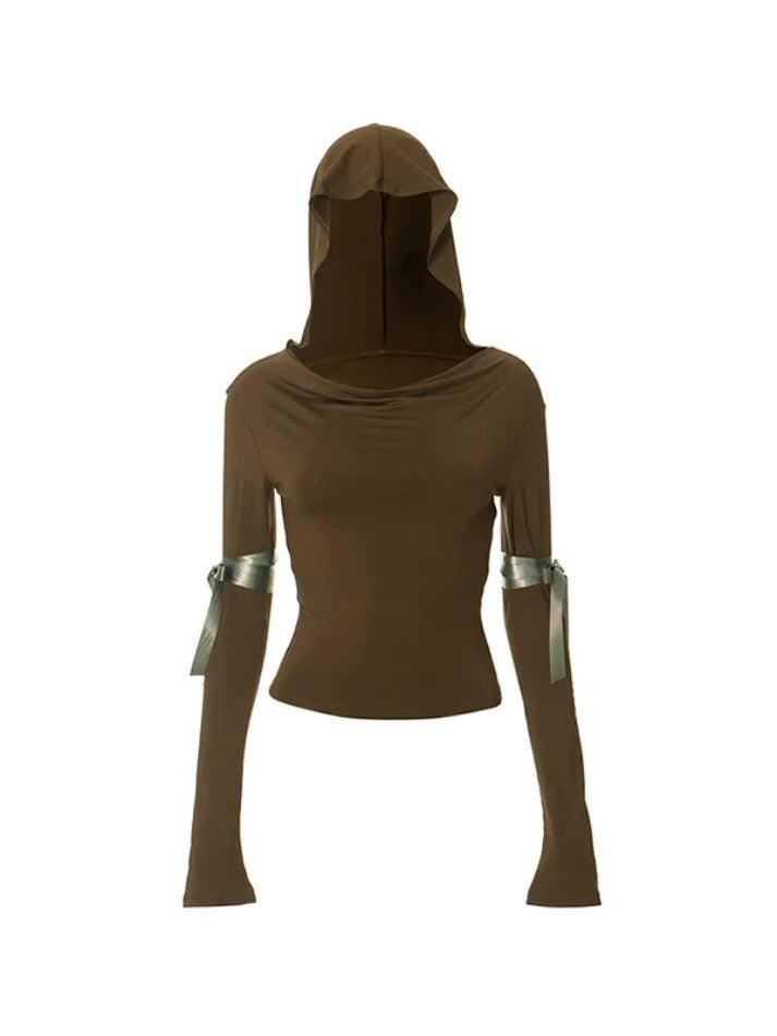 Solid Ruched Hooded Ribbon Tie Up Cropped Long Sleeve Tee - AnotherChill