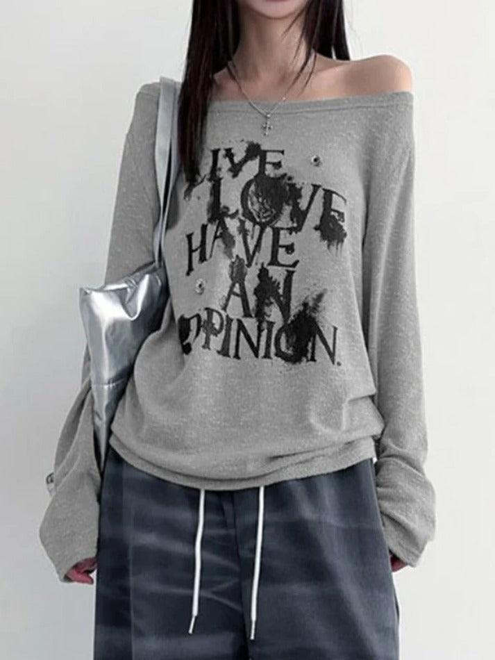 Vintage Letter Print Loose Oversized Long Sleeve Tee - AnotherChill
