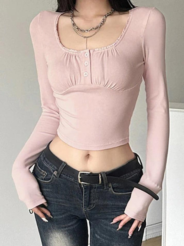 Frill Trim Square Neck Long Sleeve Tee - AnotherChill