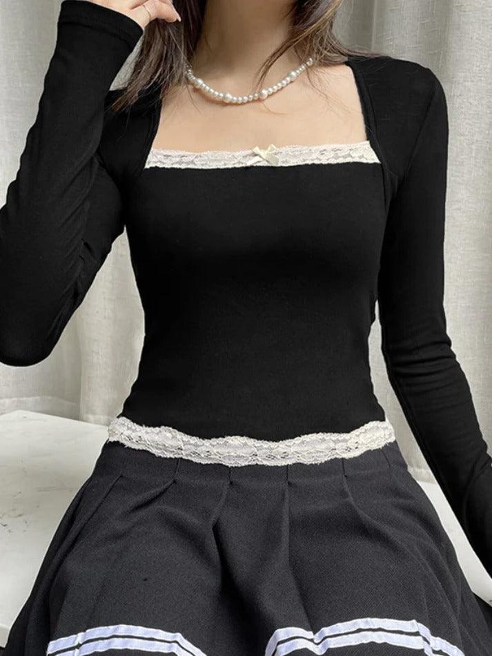 French Lace Trim Splice Slim Long Sleeve Tee - AnotherChill