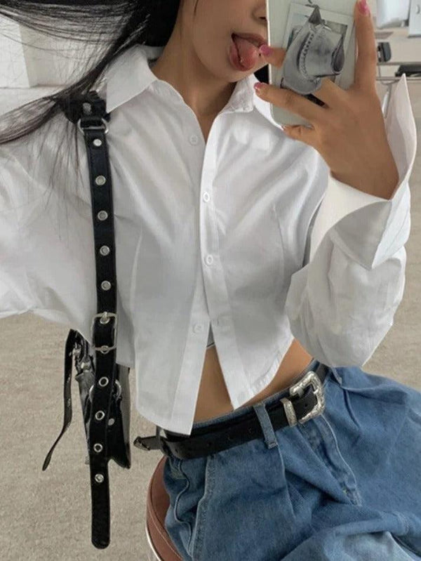 White Button Front Cropped Long Sleeve Blouse - AnotherChill