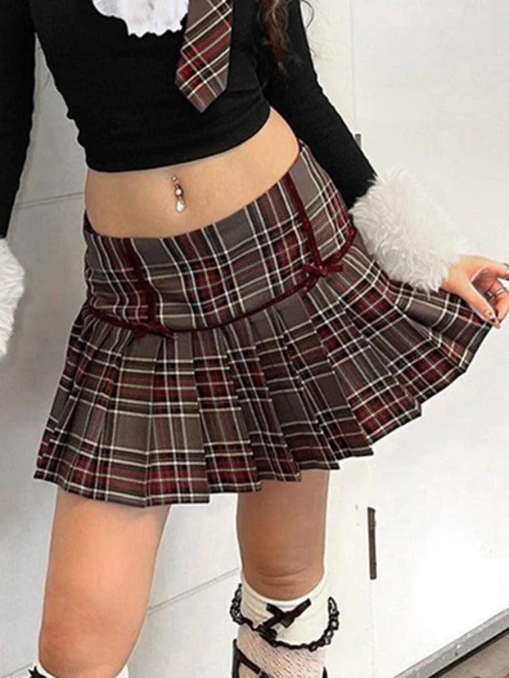 Vintage Plaid Print Bow Decor Pleated Low Rise Mini Skirt - AnotherChill