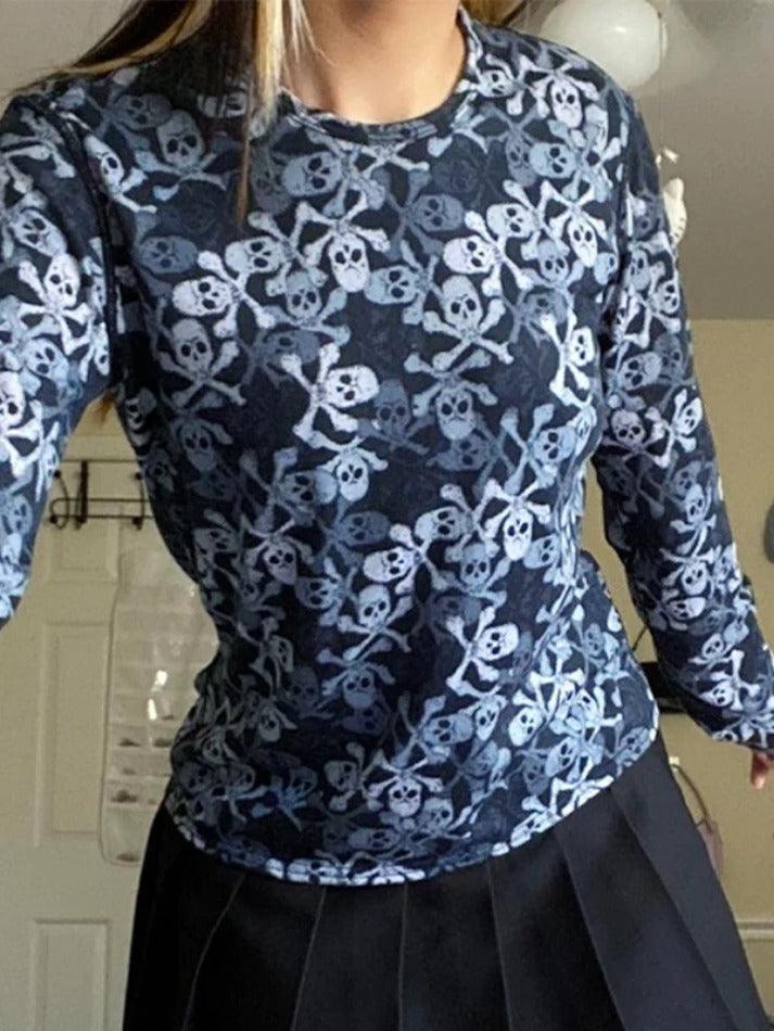 All Over Skull Print Long Sleeve Tee - AnotherChill