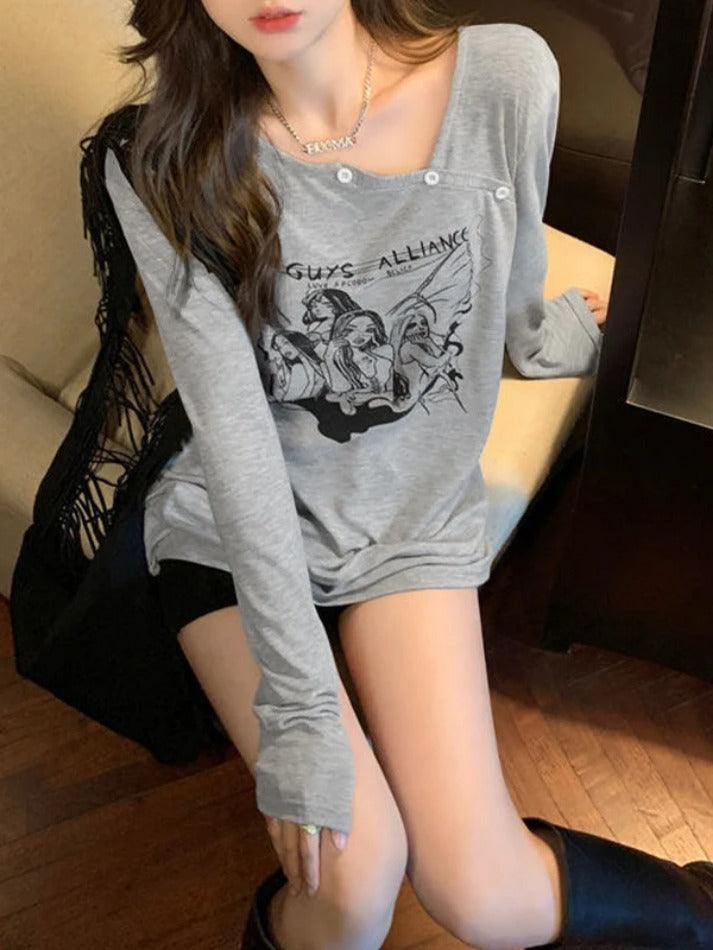 Anime Print Slanted Shoulder Oversized Long Sleeve Tee - AnotherChill