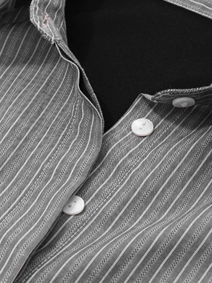 Stripe Splice Polo Neck Long Sleeve Blouse - AnotherChill