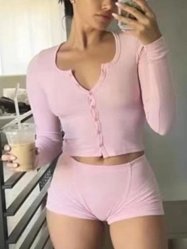 Solid Color Breasted Stretchy Waist Two Piece - AnotherChill