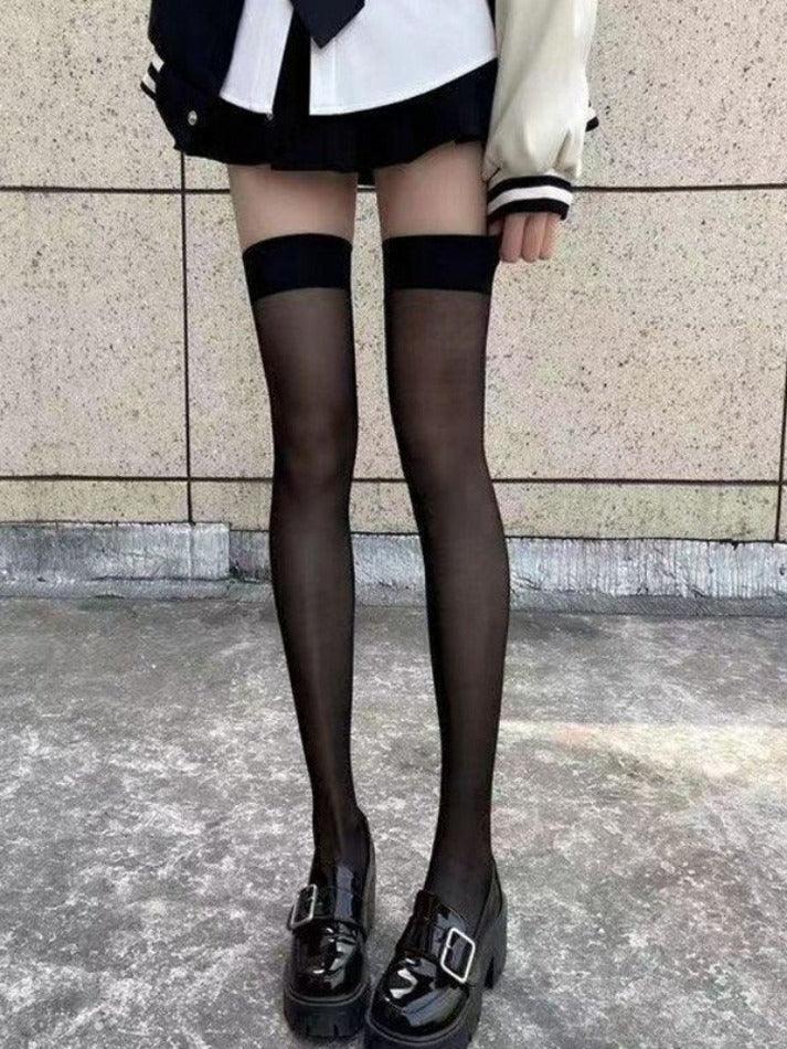 Contrasting Cuff Sheer Thigh High Socks - AnotherChill