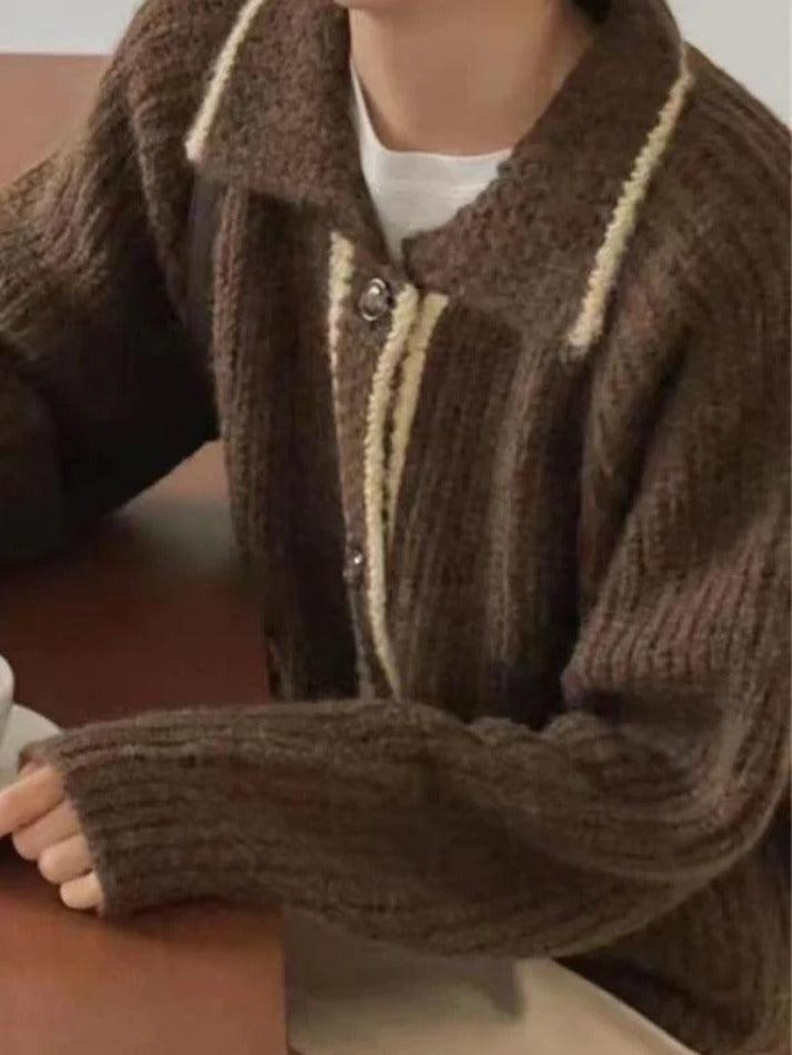 Contrast Color Trim Lapel Neck Cardigan - AnotherChill