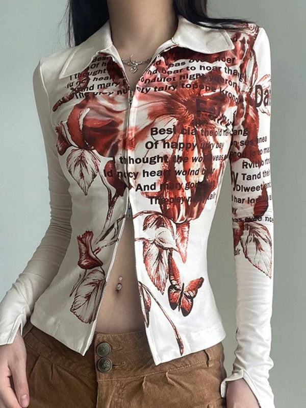 Tie Dye Floral Print Double Zipper Long Sleeve Blouse - AnotherChill