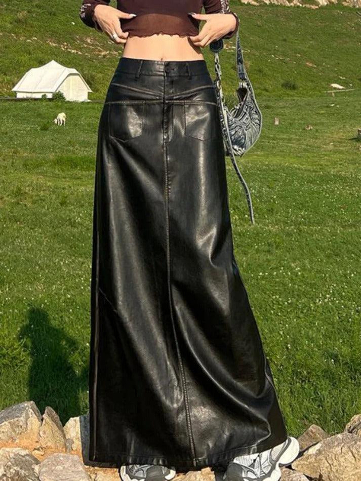 Vintage Leather Multi Pocket Maxi Skirt - AnotherChill