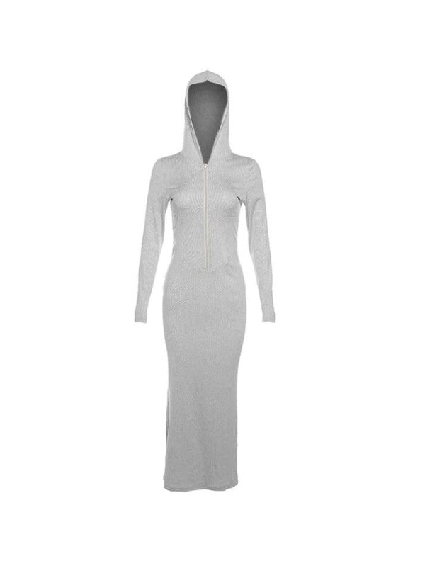 Solid Hooded Zip Up Long Sleeve Maxi Dress - AnotherChill