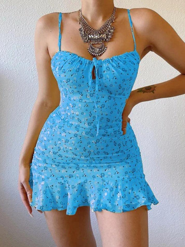 Floral Suspender Chest With Cutout Mini Dress - AnotherChill