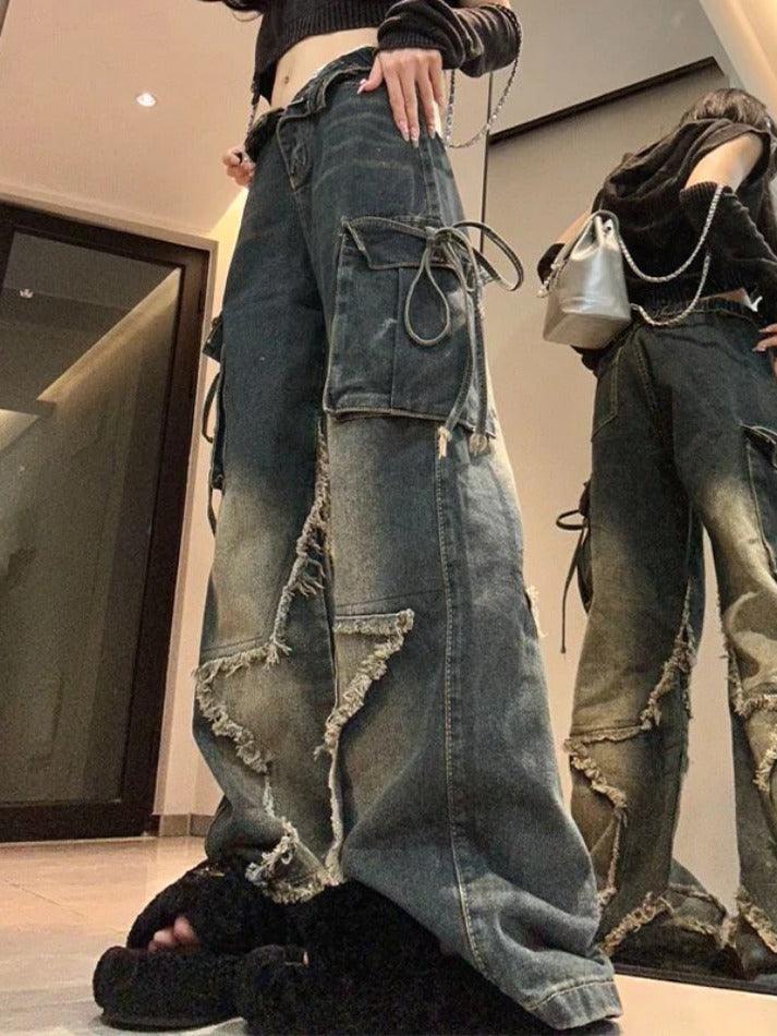 Hip Pop Multi Pocket Raw Trim Tie Up Cargo Jeans - AnotherChill