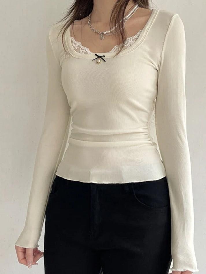 Lace Splice Bow Pearl Decor Square Neck Long Sleeve Knit - AnotherChill