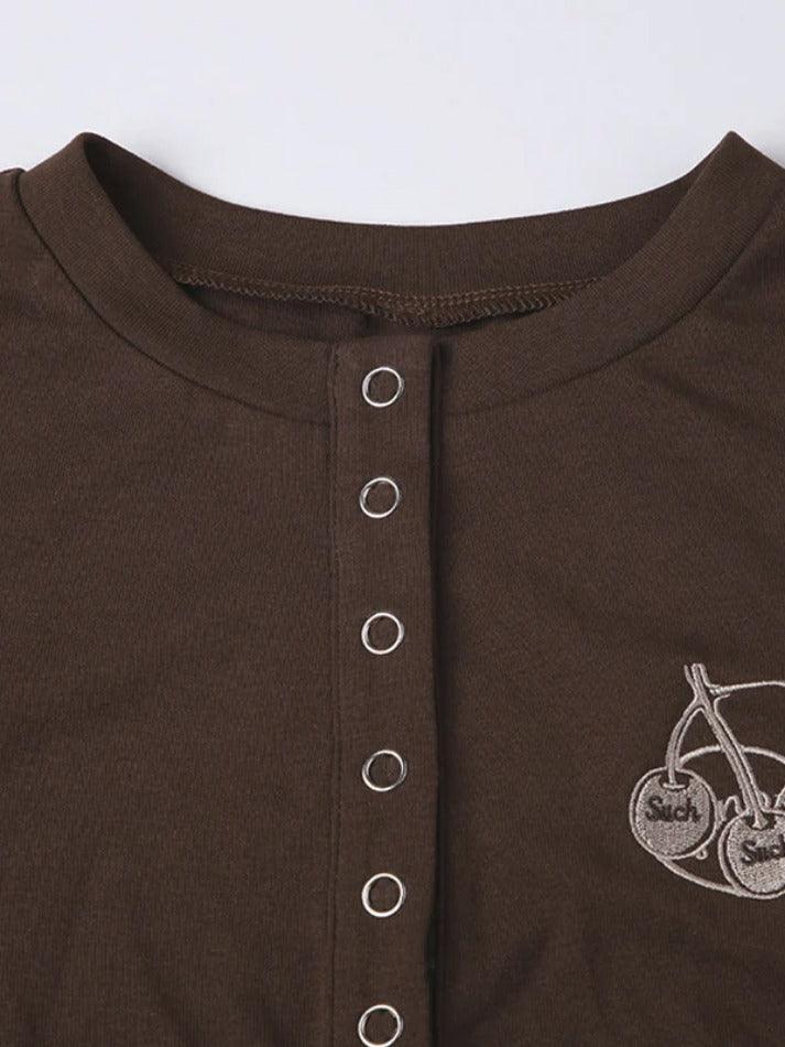 Vintage Brown Cherry Embroidery Breasted Long Sleeve Tee - AnotherChill