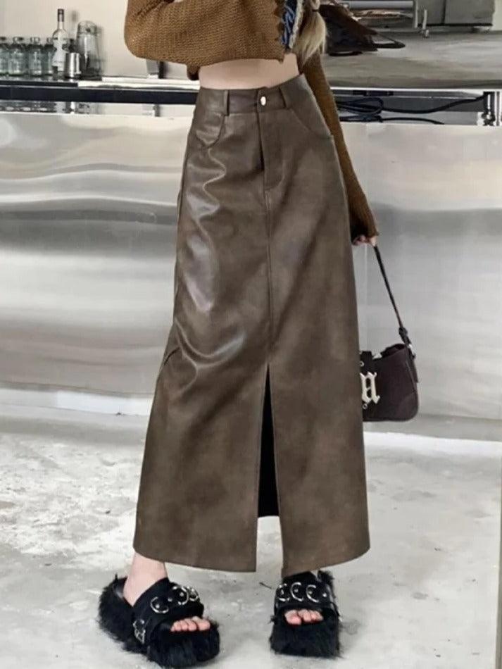 Vintage Brown High Rise Split PU Leather Midi Skirt - AnotherChill