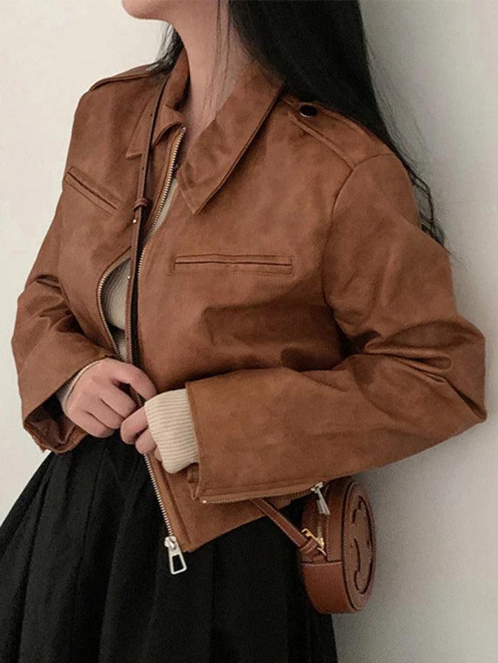 Zip Up Lapel Neck Leather Short Jacket - AnotherChill