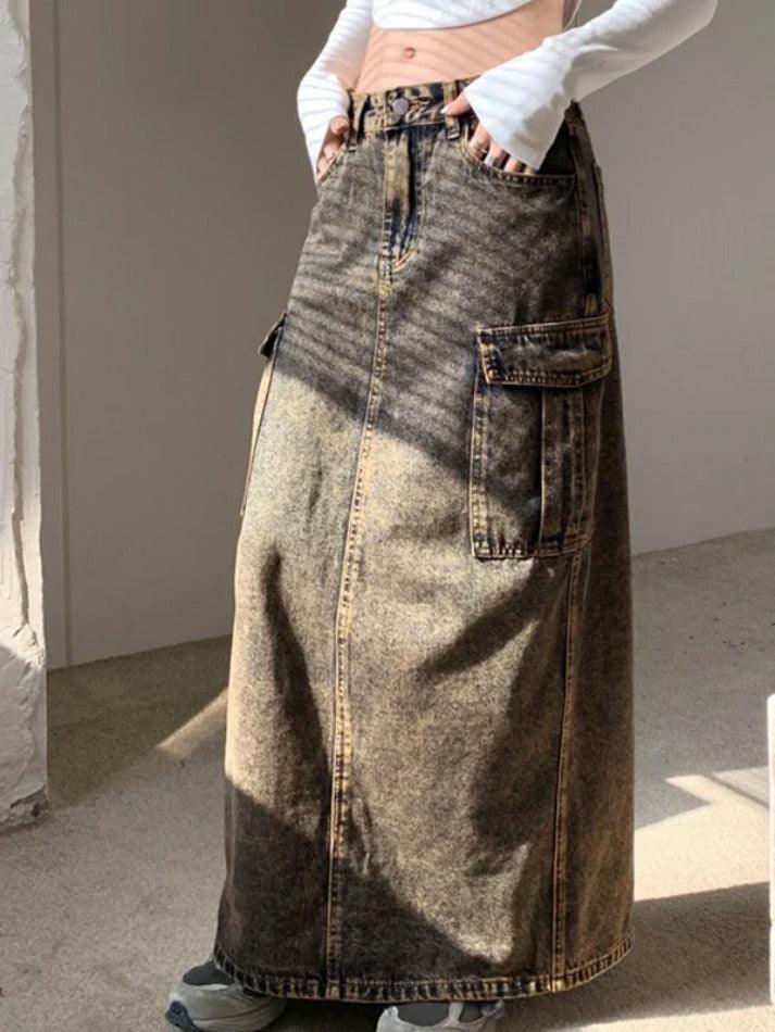 Wash Distressed Big Pocket High Rise Maxi Skirt - AnotherChill
