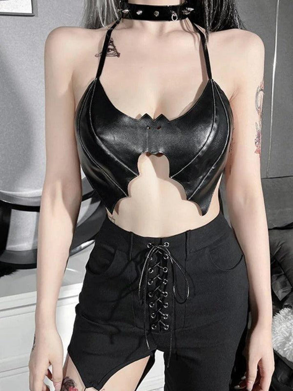 Bat Pu Leather Halter Crop Cami Top - AnotherChill